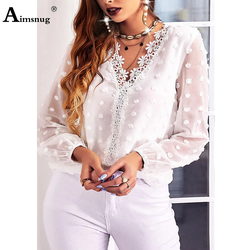 Women Latest Summer Casual Polka Dots Shirt Loose Blouse Long-sleeved Patchwork Lace Top Ladies Tunic blusas Femme Clothing 2022