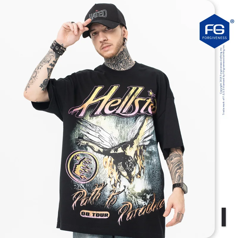 

Мужская свободная футболка Hellstar с коротким рукавом, Новый Винтажный Повседневный универсальный топ в американском стиле, весна-лето 2023