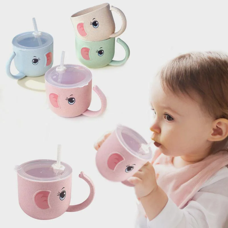 

Baby Feeding Bottle Kids Cup Silicone Sippy Children Leakproof Drinking Cups Cartoon Infant Straw Handle Wheat-Straw Drinkware
