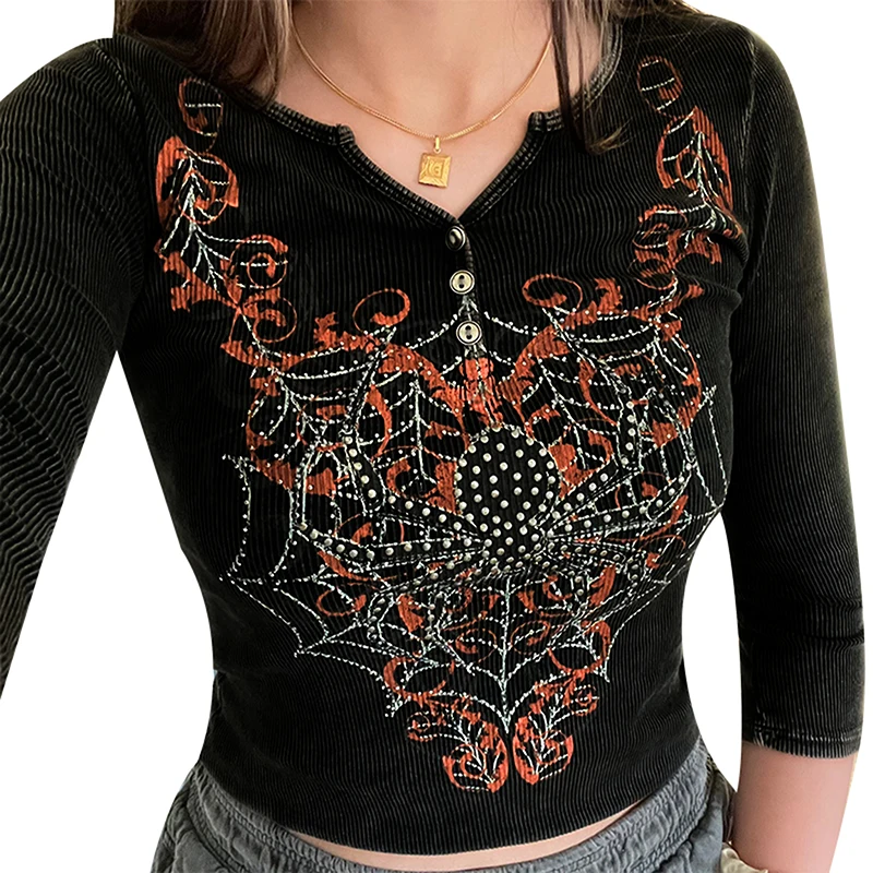 

Women's Button Front Rhinestone Fairy Grunge Tops Gothic Spider Pattern Y2k 90s E-Girls Long Sleeve Ribbed T-Shirts