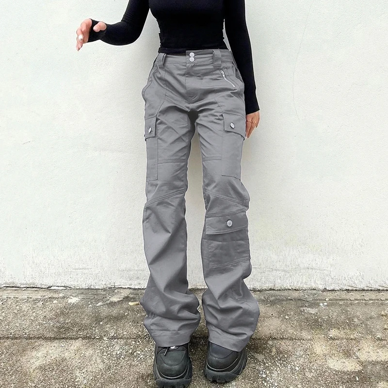 

Gray Casual Stitched Pocket Cargo Pants Women Low Waist Vintage Streetwear Jeans Korean Fashion Straight Denim Trousers