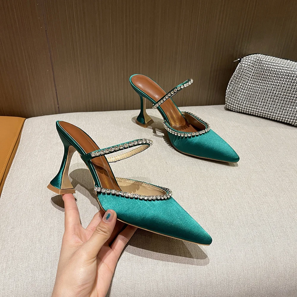 Spring and Summer New Pointed-toe Rhinestone Sequins Stiletto High-heeled Slippers Baotou Semi-trailed High-heeled Sandals Women