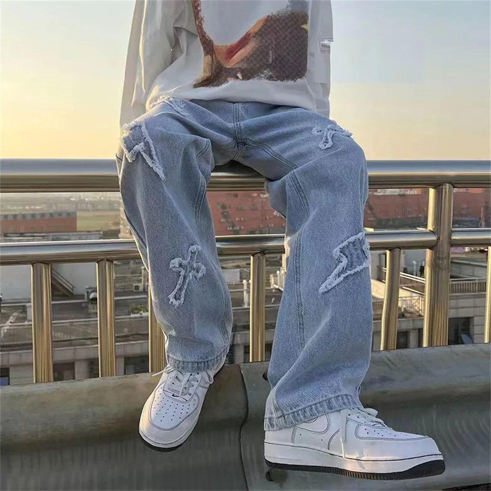 Popular Men's Denim Pants Fashion Loose Wide Leg Casual Streetwear Printed Cross Trousers jeans Pants Baggy Men Jeans