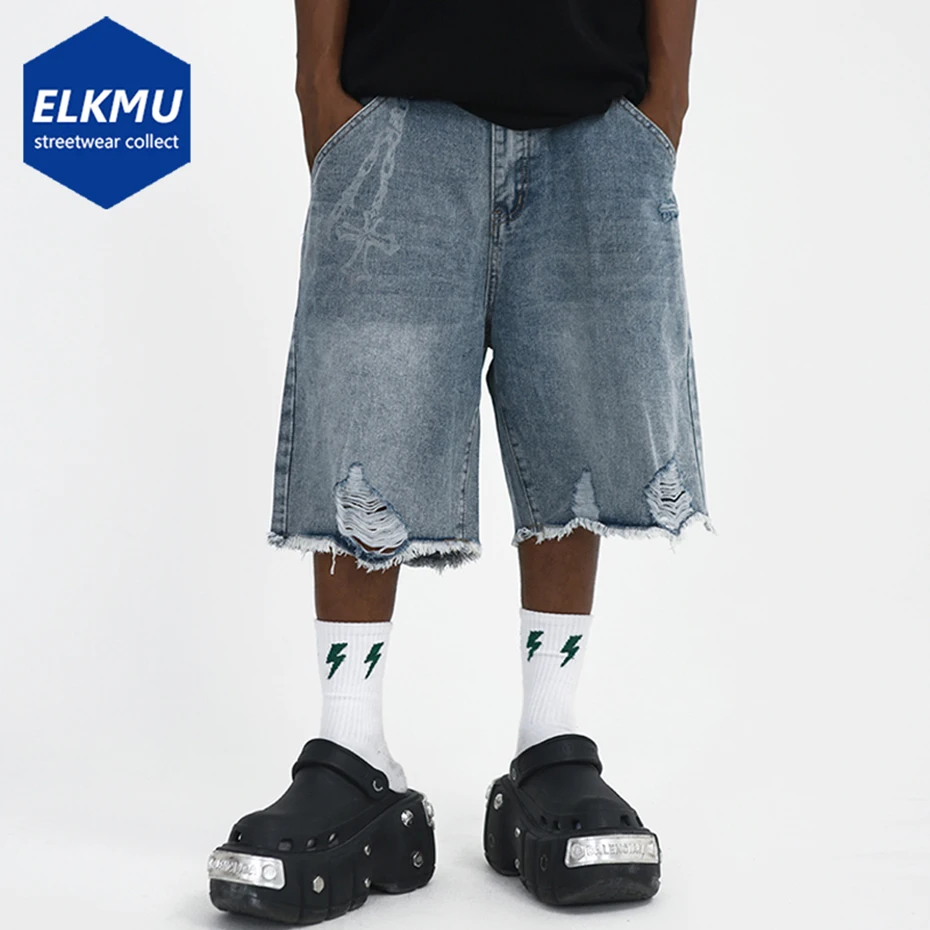 

Vintage Loose Ripped Denim Shorts Distress Streetwear Hip Hop Harajuku Y2K Black Blue Jeans Short Men Summer Casual Denim Shorts