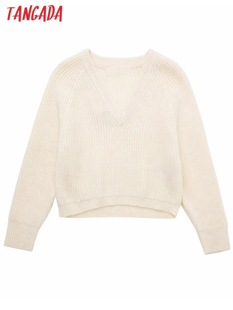 

Tangada Women Beige Cropped Knit Sweater Vintage V Neck Long Sleeve Female Pullovers 3H379