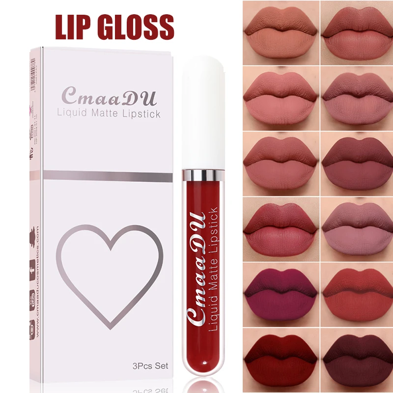 

Matte Lipstick Set 3 Colors Long-Lasting Waterproof Velvet Lip Lipgloss Kit Cosmetics Gift Set for Girls Women Lipstick Set