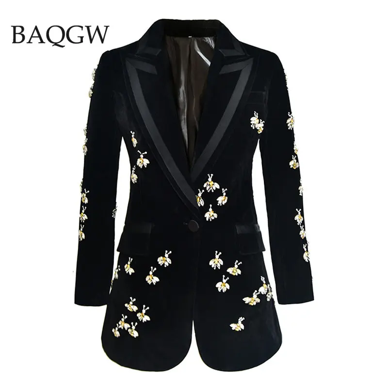 

Женский вельветовый Блейзер ручной работы, дизайнерский Длинный блейзер с отложным воротником и бусинами в виде пчел, верхняя одежда