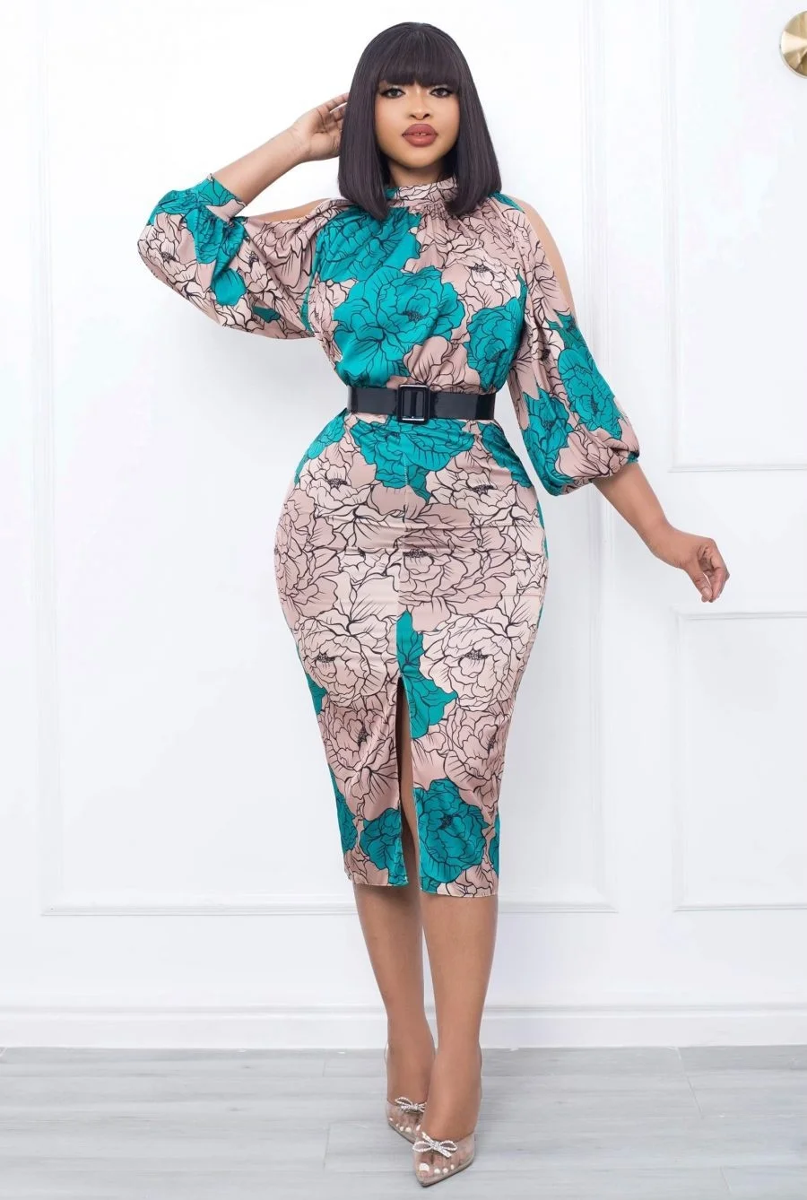 

Autumn New Women's Fashion Digital Print High Waist Pocket Hip Split Dress