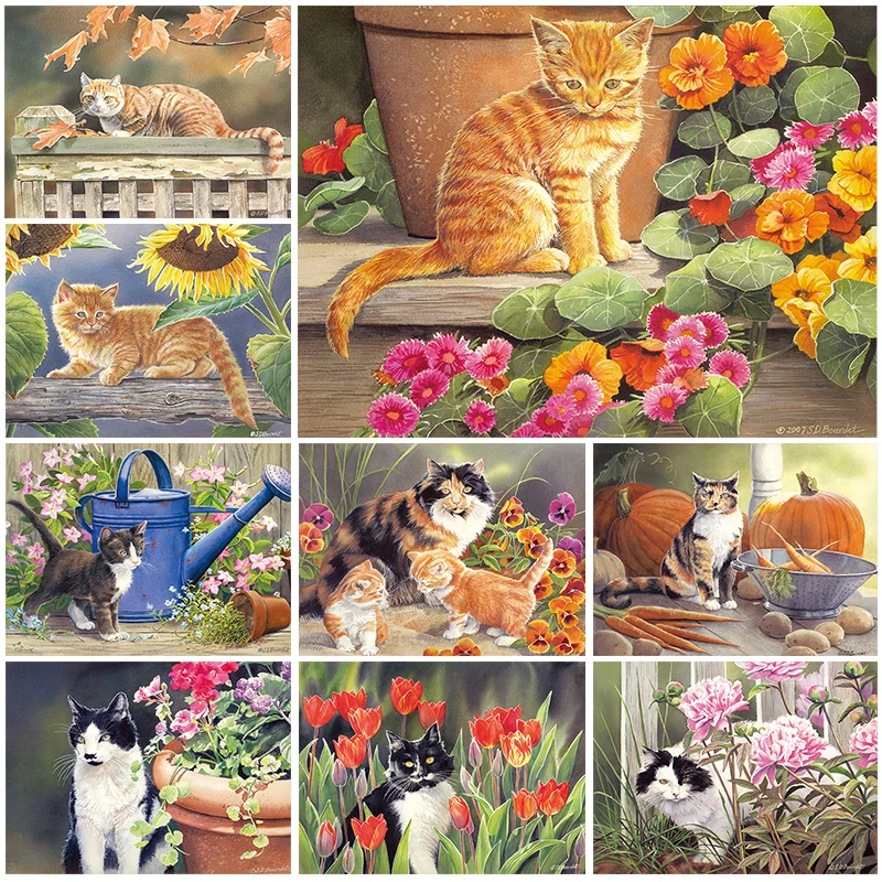 

cat mosaic diamond painting cat and pumpkin with flowers Diamond Mosaic Rhinestone DIY Cross Stitch Home Decoration