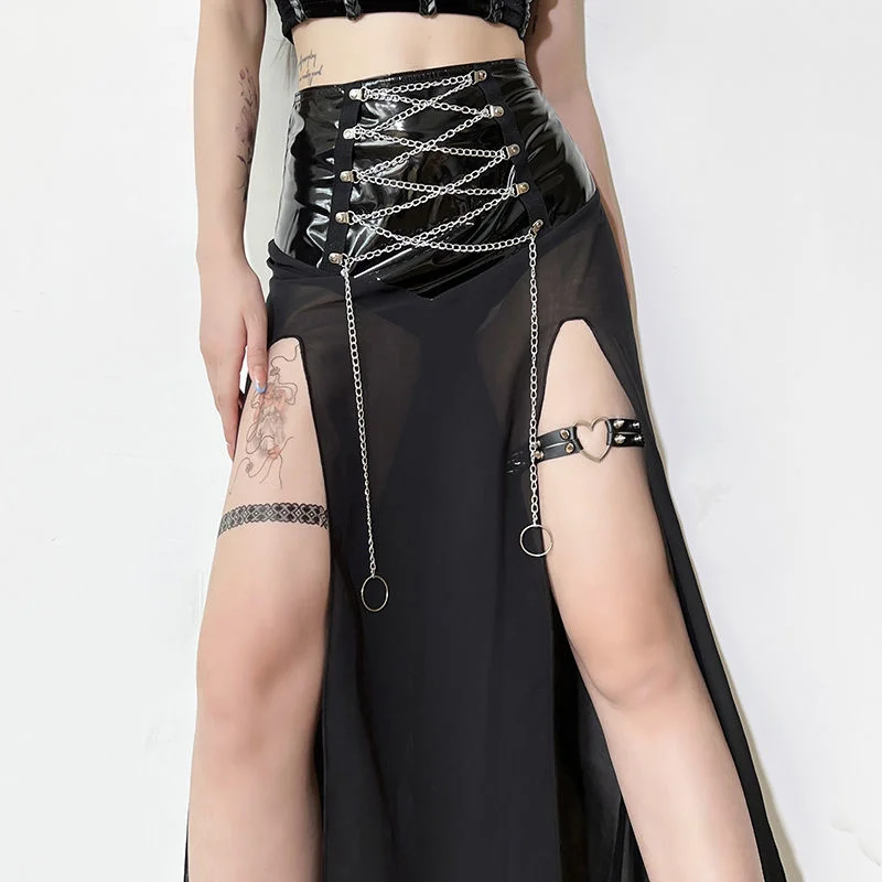 DARKLOOKS dark PU leather mesh patchwork skirt for women's new punk chain tie high waisted long skirt