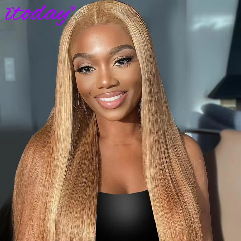 

27# Honey Blonde Colored Human Hair Frontal Wigs Straight Itoday180% 13x4 HD Transparent Lace Front Human Hair Wigs For Women