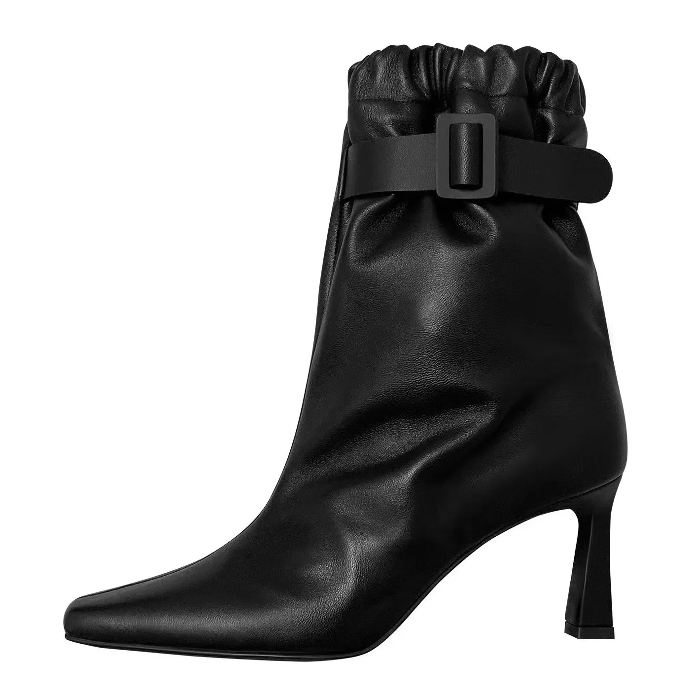 Pleated Solid Color Soft Skin Short Boots Belt Buckle Slip-On Botas Femininas Pointed Toe Stiletto Plus Size Women Ankle Botines
