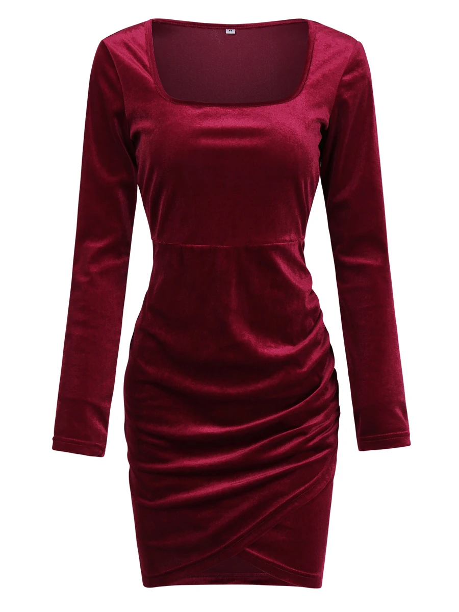 

Womens Casual Square Neck Long Sleeve Velvet Bodycon Dress Wrap Ruched Irregular Hem Cocktail Party Mini Dress