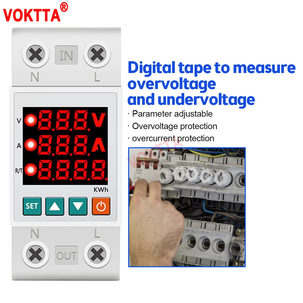 

230V 3 IN 1 Display Din Rail Adjustable Over Under Voltage Surge Protector Relay Over Current Protect Kwh Power Watt Meter