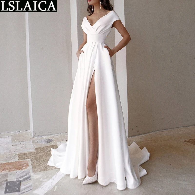 

New Summer Dress Deep V-neck White Dress High Waist Hem Split Solid Color Evening Party Floor-Length Long Dress For Women 2022