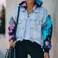 womens casual denim jacket color matching trend ripped fringed long sleeved shirt street style jacket 2021 autumn new jacket