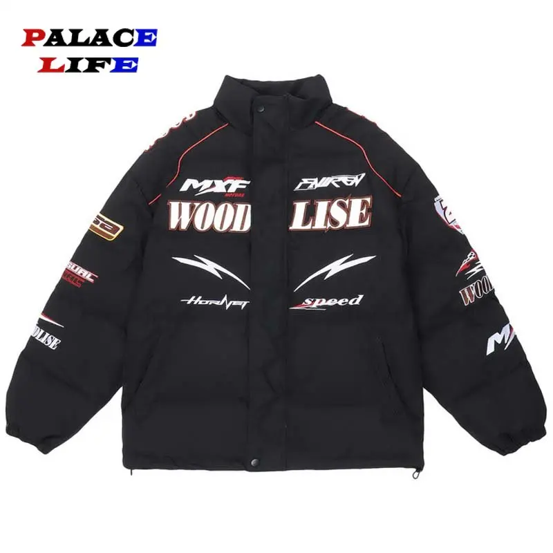 Men's Thicken Jacket Parkas Y2K Streetwear Letter Embroidery Winter Jacket Casual Zip Up Motorcycle Fashion Men Outwear