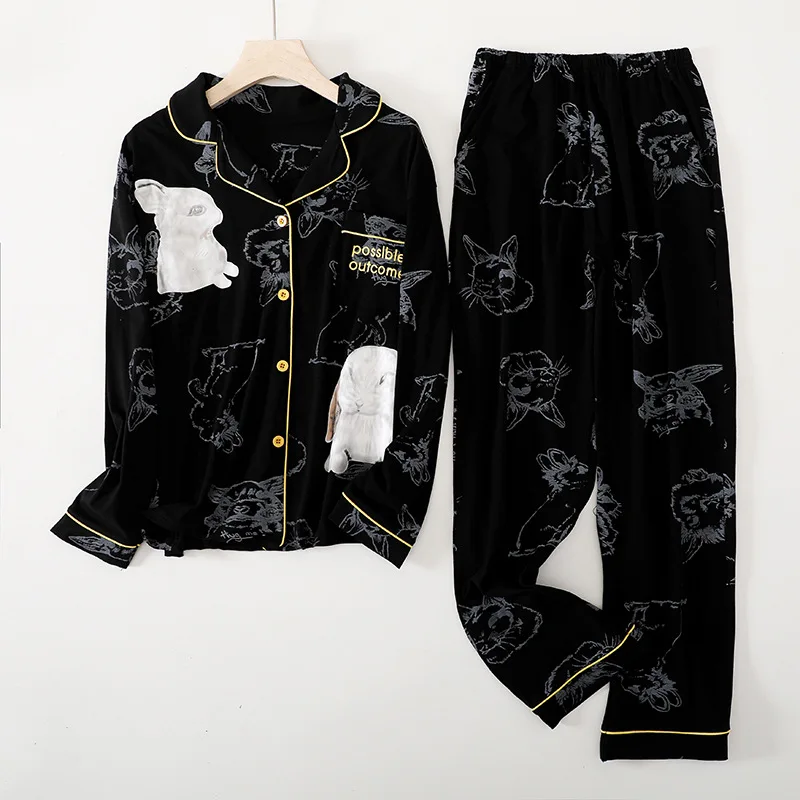

2021 Autumn / Winter New Rabbit Pajamas Women's Knitted Cotton Long Sleeved Trouser Suitslovely Cartoon Home Clothes 2 Piece Set
