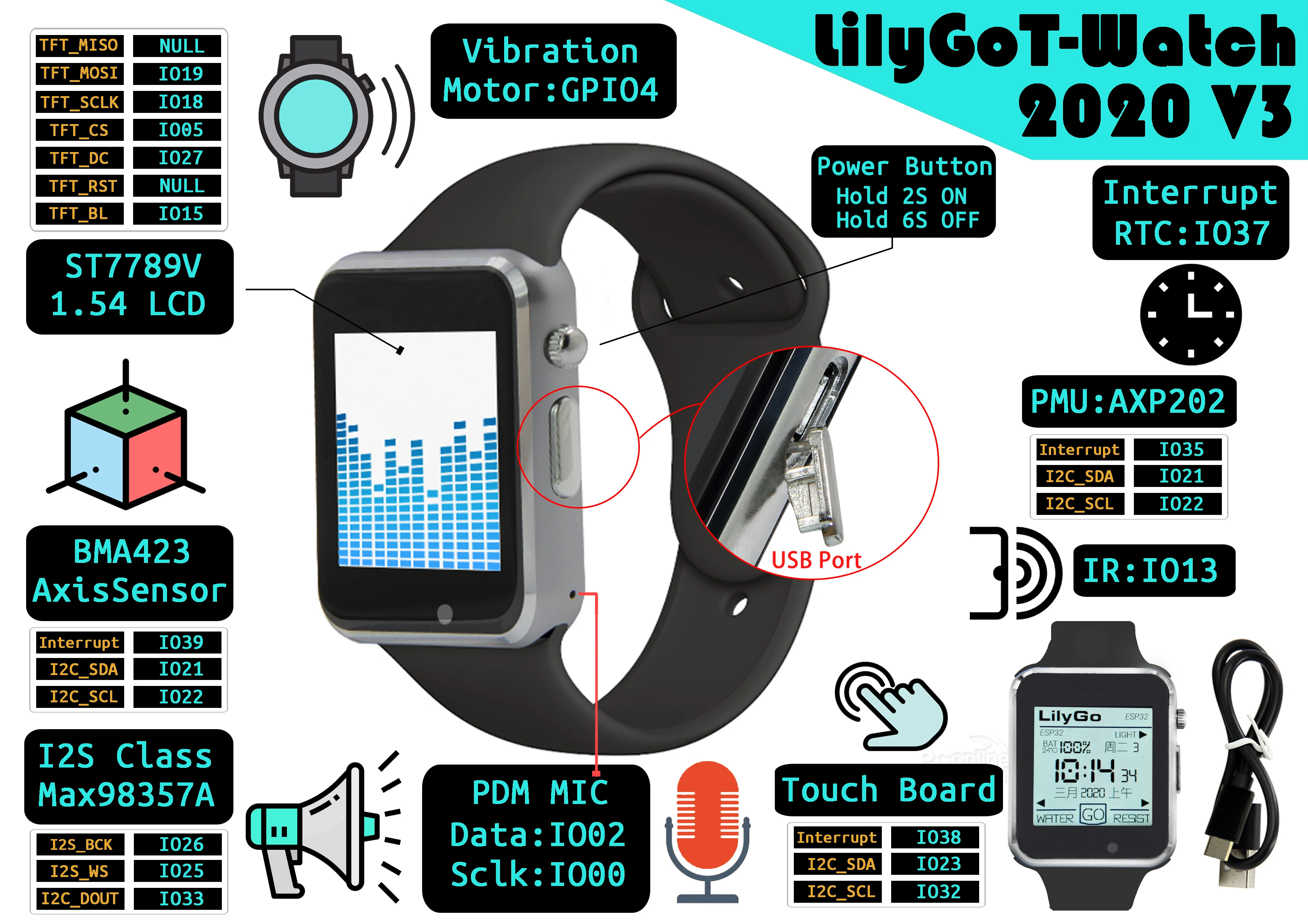 LILYGO® TTGO T-Watch 2020 V3 ESP32 программируемый микрофон для часов IPS сенсорный с WIFI Bluetooth