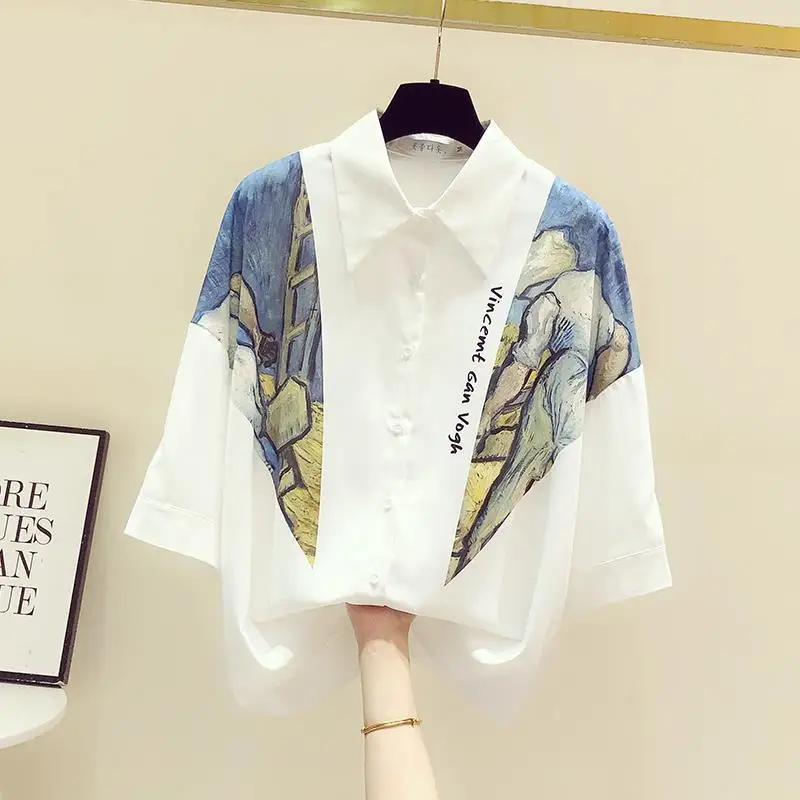 

Женская шифоновая рубашка с отложным воротником, Повседневная Блузка с короткими рукавами и принтом в Корейском стиле, одежда для весны и лета, 2023