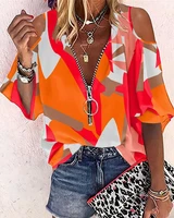 chaxiaoa 1 piece summer 2022 women daily colorblock zip front lantern sleeve cold shoulder casual top