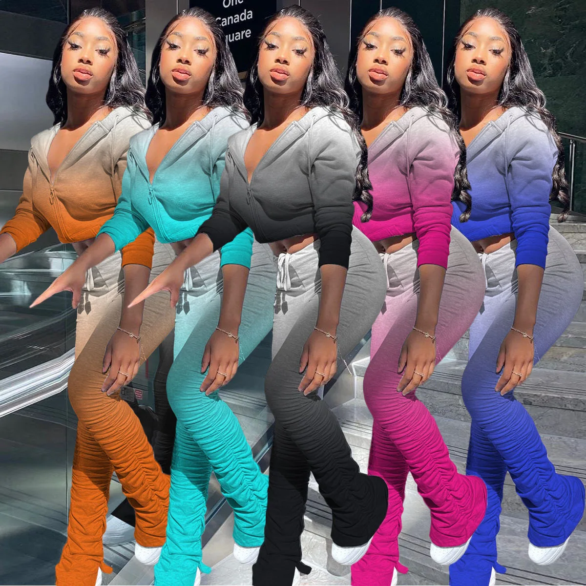 

Осень-зима 2022, женский спортивный комплект с постепенным цветом и плиссированной толстовкой с разрезом и принтом