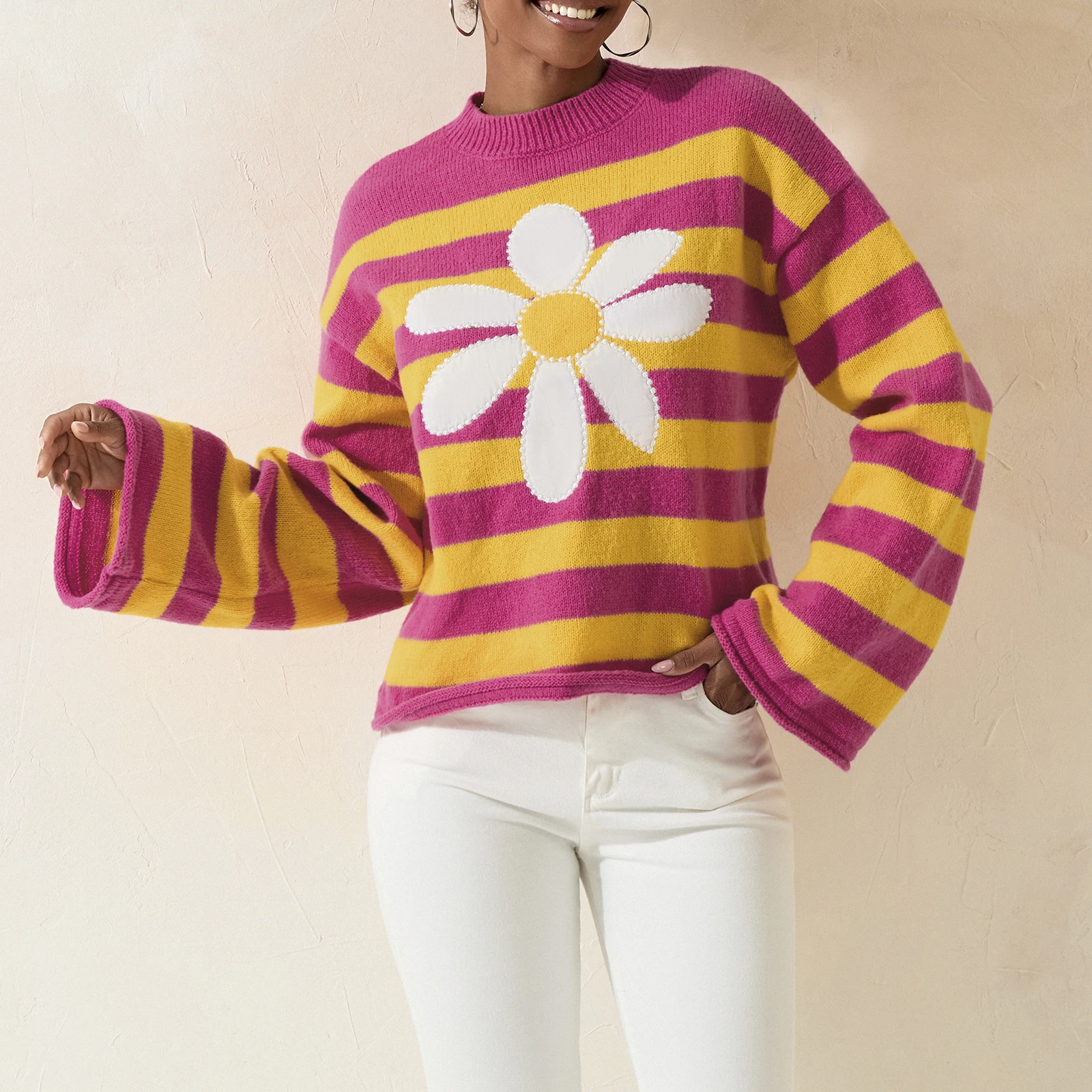 Женский осенний полосатый свитер с цветочным узором свободные вязаные топы