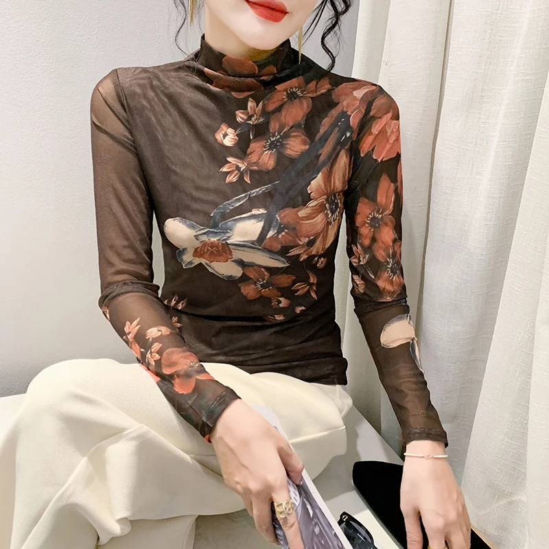 

New Autumn Winter Slim T-shirt Women's Tops Print Long Sleeve Mesh Women Clothes women's Clothing Luxury Retro Tee Free Shipping