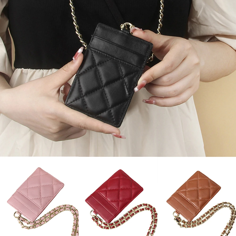 Women Korean Fashion Wallets Simple Bag Ultra-thin Sheepskin Mini Document Coin Purse Leather Hanging Neck Chain Shoulder Bag