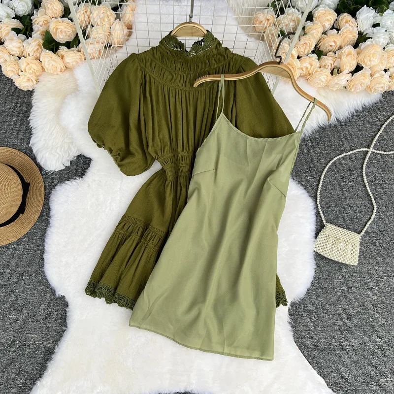 

2PCS Women Set Sexy Sweet Lace Stand Collar Pleated Solid Bubble Sleeve A-line Skirt with Suspender Dress Sling Two-piece Set