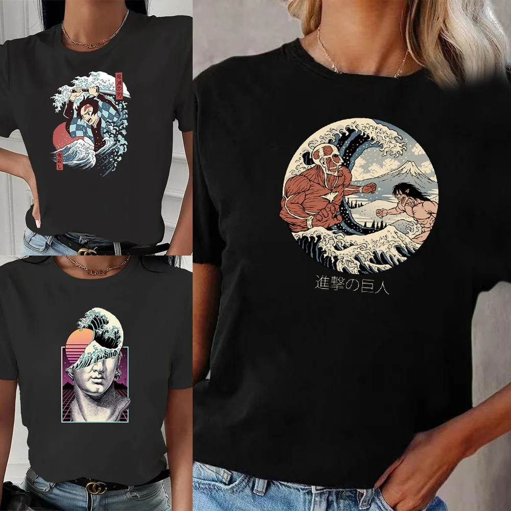 

New Summer Women T-shirts Short Sleeve Casual Harajuku Hip Hop Clothing Tops Wave Printed Tees Fashion Loose Pullover Streetwear