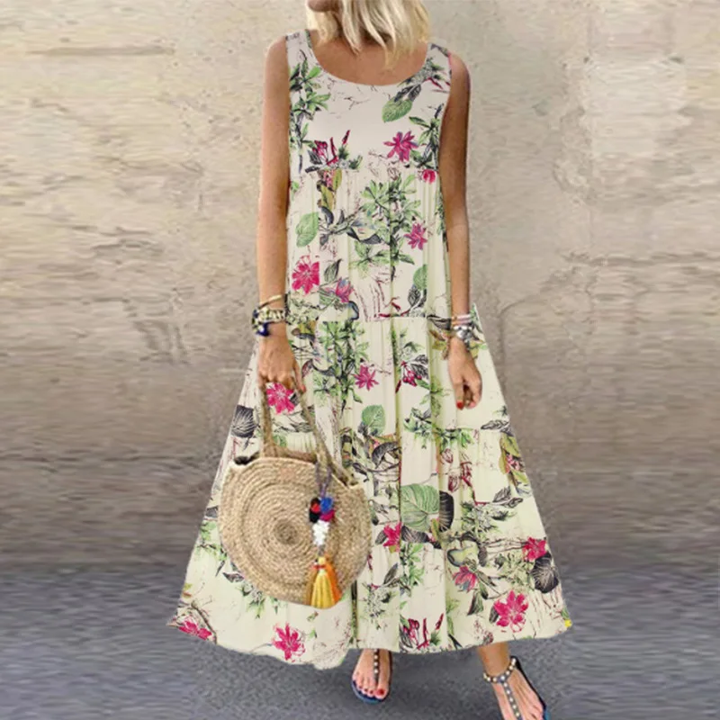 

2023 Summer Women's Dress Bohemian Print O-neck Short sleeve Loose Long Dresses Female Spring New Elegant Casual Lady Clothes