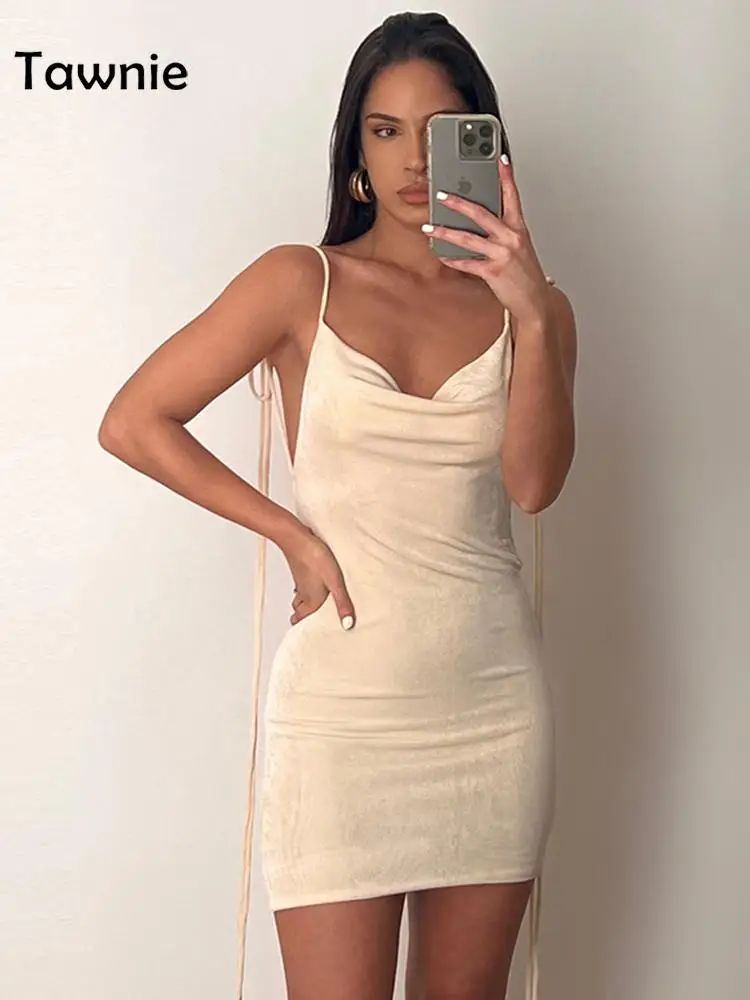 

Tawnie 2022 Summer Elegant Fashion Sexy Backless Draped Mini Dress Women Spaghetti Strap Bodycon Dresses Party Clothes Outfits