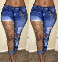 summer sexy hollow hole chain hanging stretch small foot pants denim trousers ladies jeans