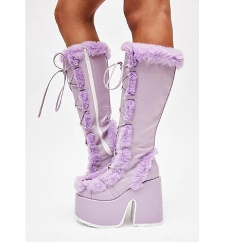 Purple Blue Pink Leather High Platform Block Heel Fur Lace-up Knee Boots Round Toe Women Winter Fur Crosstie Festival Boots