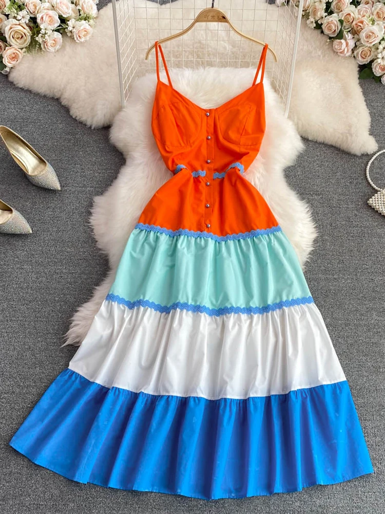 

Fitaylor Summer New Women Spaghetti Strap Fashion Sleeveless A-Line Patchwork Dress Casual Elegant High Waist Slim Dress