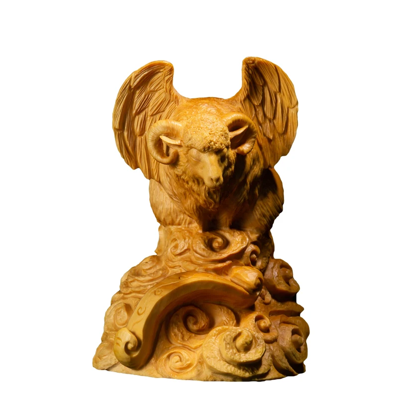 

COLLECTION WOOD ANIMAL STATUE ARTS SOLID WOOD STATUE FIGURINES MASCOT BOAT DECOR 10CM MYTHICAL ANGEL SHEEP WITH WINGS GOOD LUCK