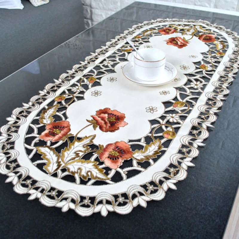Table Runner Embroidered Table Cloth Elegant Oval Lace Tablecloth Coasters Party Wedding Dining Table Decoration Dust Cover