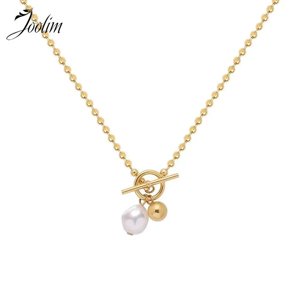 

Joolim Jewelry High End PVD Wholesale Natural Fresh Water Pearl Pendant Toggle Beaded Chain Stainless Steel Necklace for Women