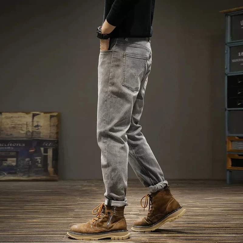 Newly Designer Fashion Men Jeans Retro Gray Stretch Slim Fit Ripped Jeans Men Elastic Trousers Vintage Casual Denim Pants Hombre