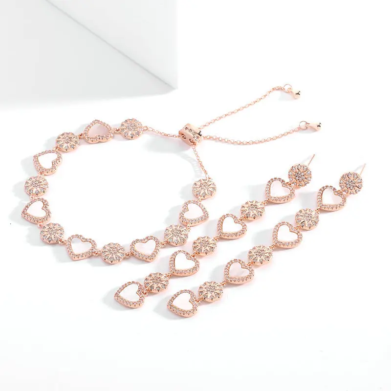

2022 New Mother-of-pearl Heart-shaped Long Pendant Earrings Bracelet Set Zircon Love Temperament Luxury Ladies Earring Jewelry