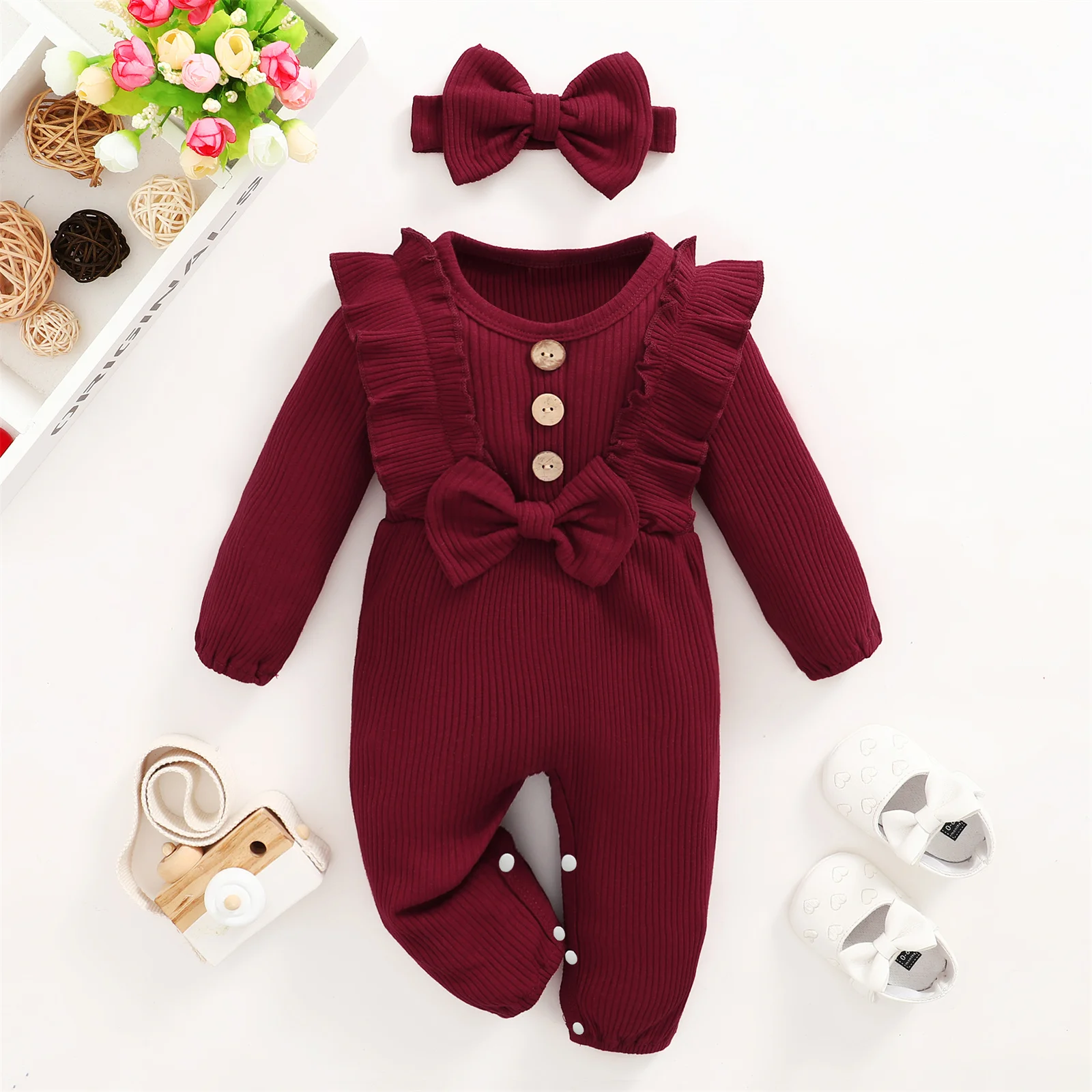PatPat Baby Girl Clothes 2pcs Infant Newborn Romper Casual 95% Cotton Ribbed Long-sleeve Bowknot Button Jumpsuit Headband Set