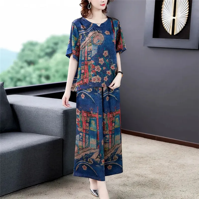 

2022 Summer New Fat MM Chiffon Printing Two-Piece Female Set Loose Top Is Thin Lady Outfit Fashionable Wide-Leg Pants Suit Women