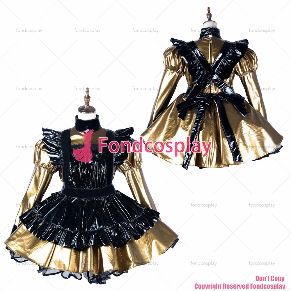 

Одежда для взрослых fondcosplay, сексуальная, с крестом, тонкое золотистое платье из ПВХ, Запираемая униформа, черный фартук, костюм для CD/TV[G2174]