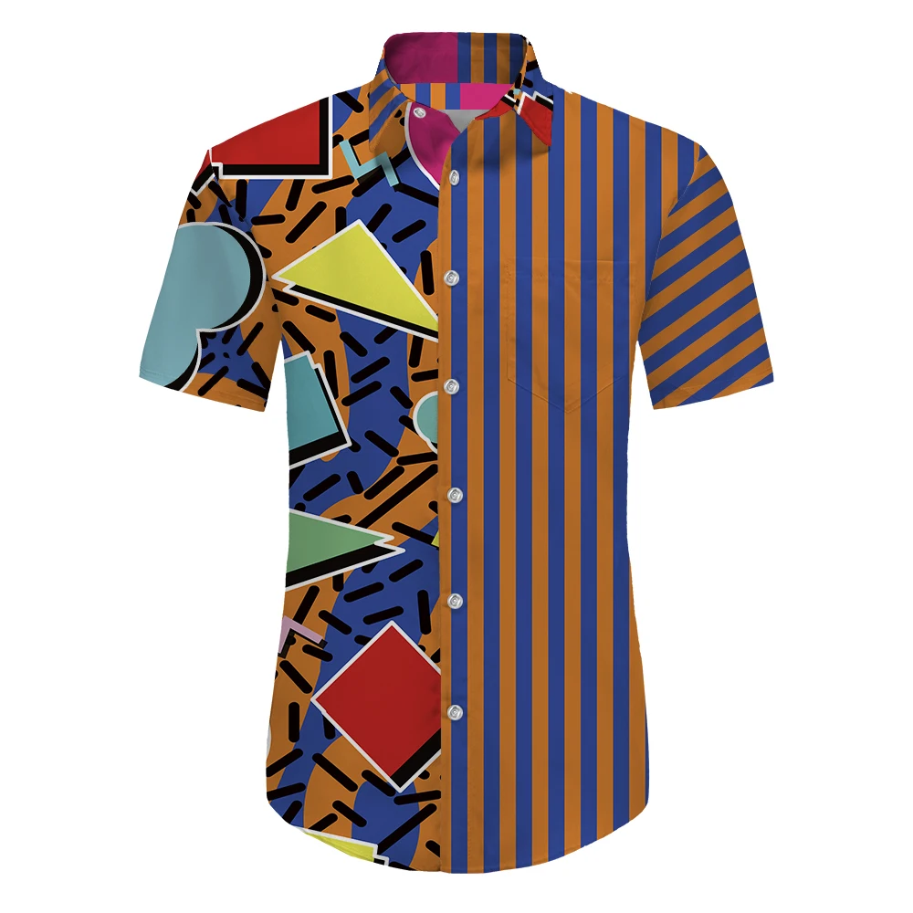 

Summer Men Hawaiian Shirts Lapel Chest Pocket Short Sleeve Colorful Element Striped yin and yang Print Button Up Casual Shirt