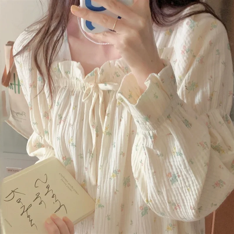 

Новинка 2023, женская одежда для сна в Корейском стиле, новая женская ночная юбка, домашняя одежда из хлопчатобумажной пряжи, платье с длинным ...