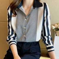 women shirt blue striped blouses women long sleeve top ladies button up polo neck clothes female 2022 fashion leisure shirt 623f