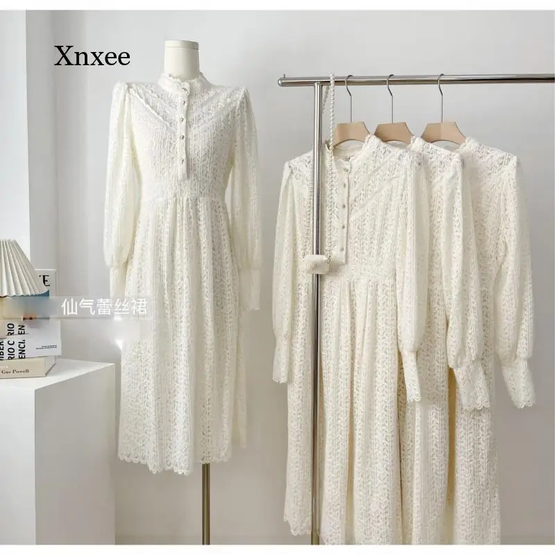 

Women's Lace Dress Autumn Elegant V Neck High Waist Elastic Robe Summer Lantern Sleevesweet Dresses Female Vestidos Clothing