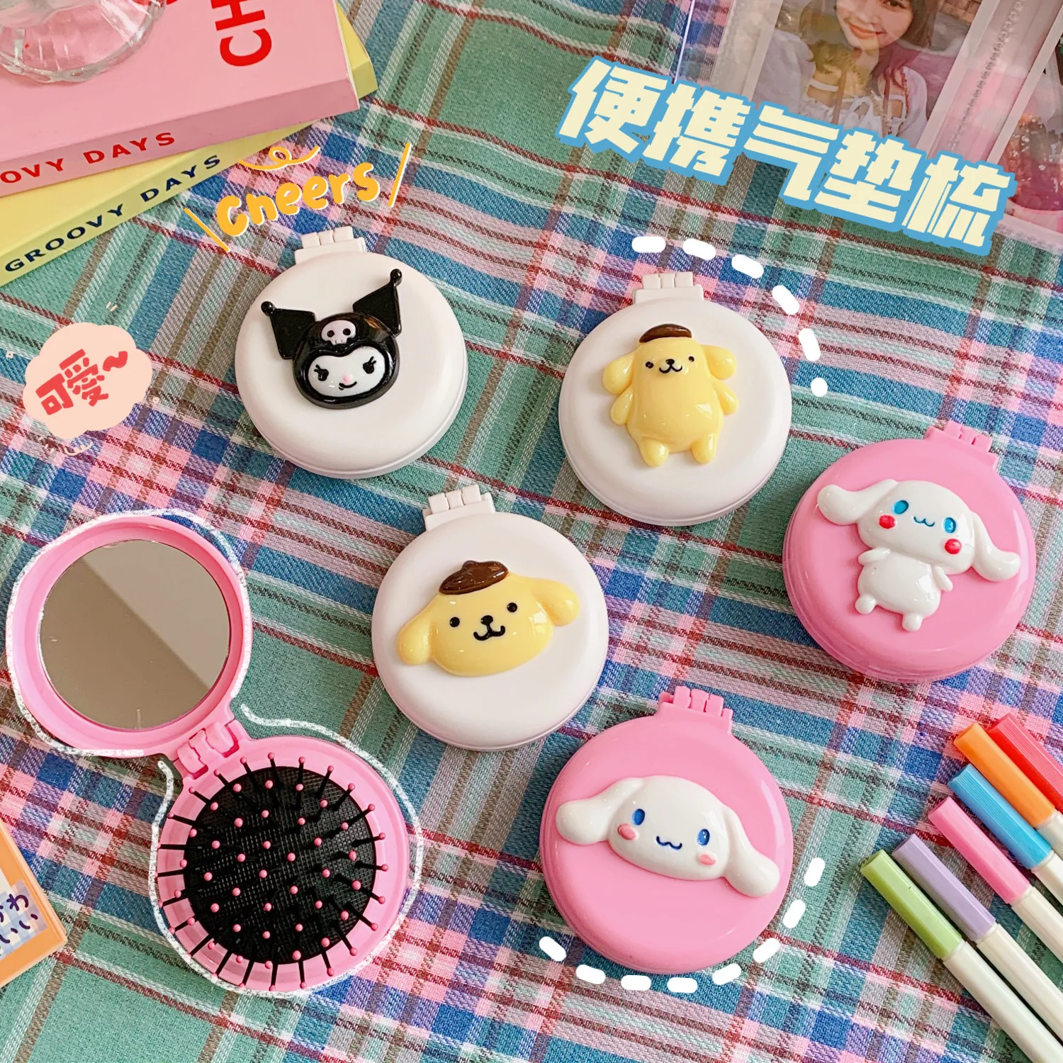 

Cute Sanrio Girl Comb Cinnamoroll Mymelody Kuromi Hellokitty Air Cushion Comb Mirror Carry-On Portable Massage Comb Female Gift