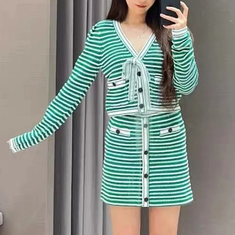 Женский элегантный вязаный комплект из юбки в полоску винтажные Свободные